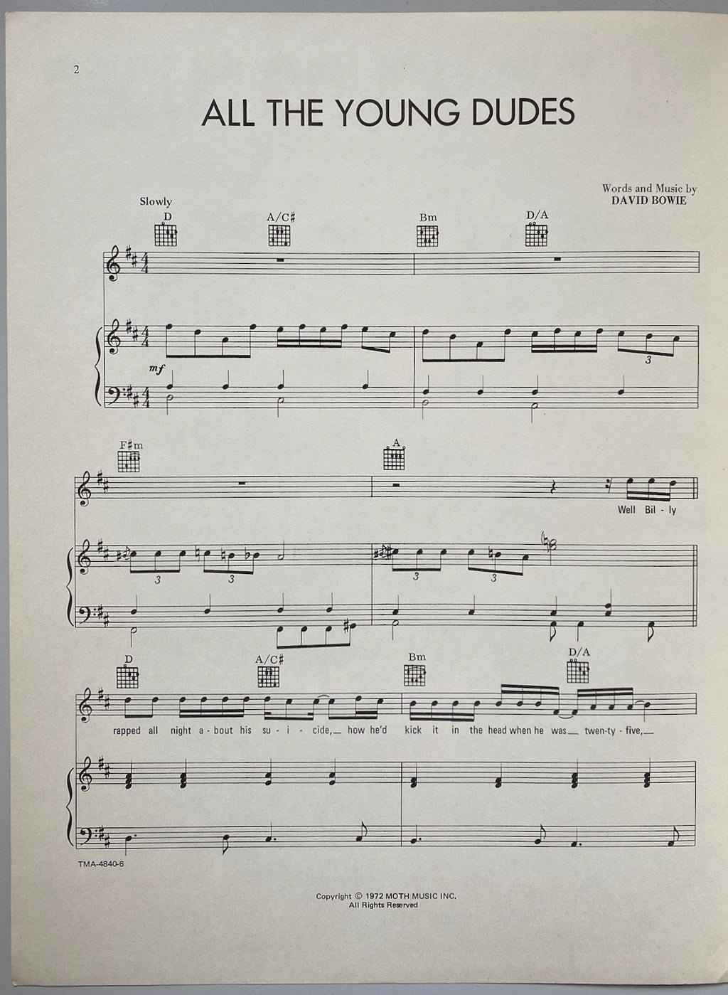 David Bowie All The Young Dudes Song Sheet