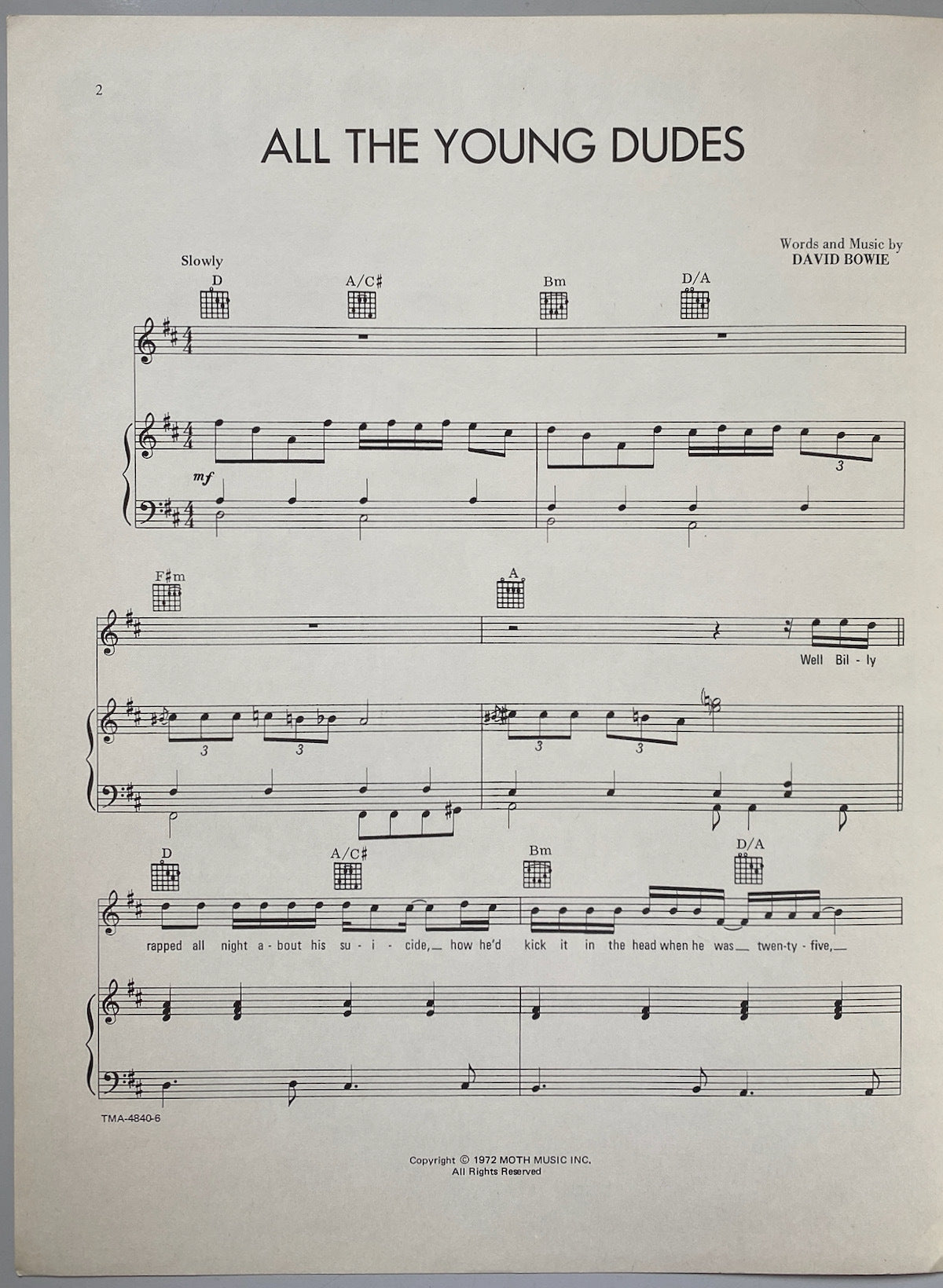 David Bowie All The Young Dudes Song Sheet