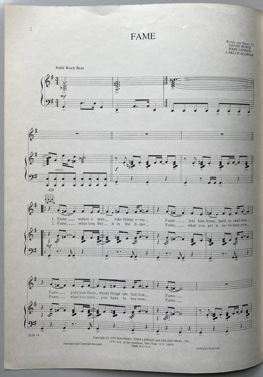 David Bowie Fame Song Sheet