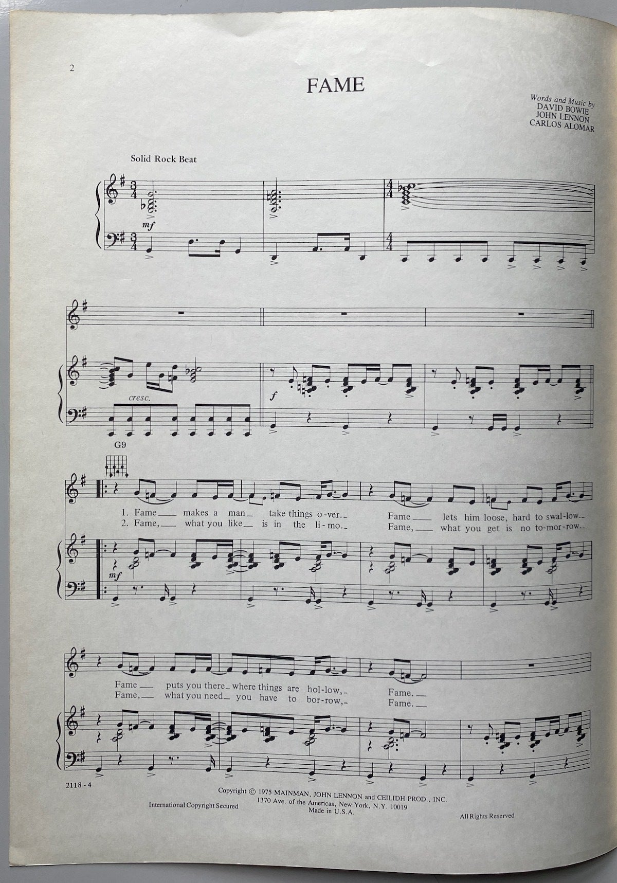 David Bowie Fame Song Sheet
