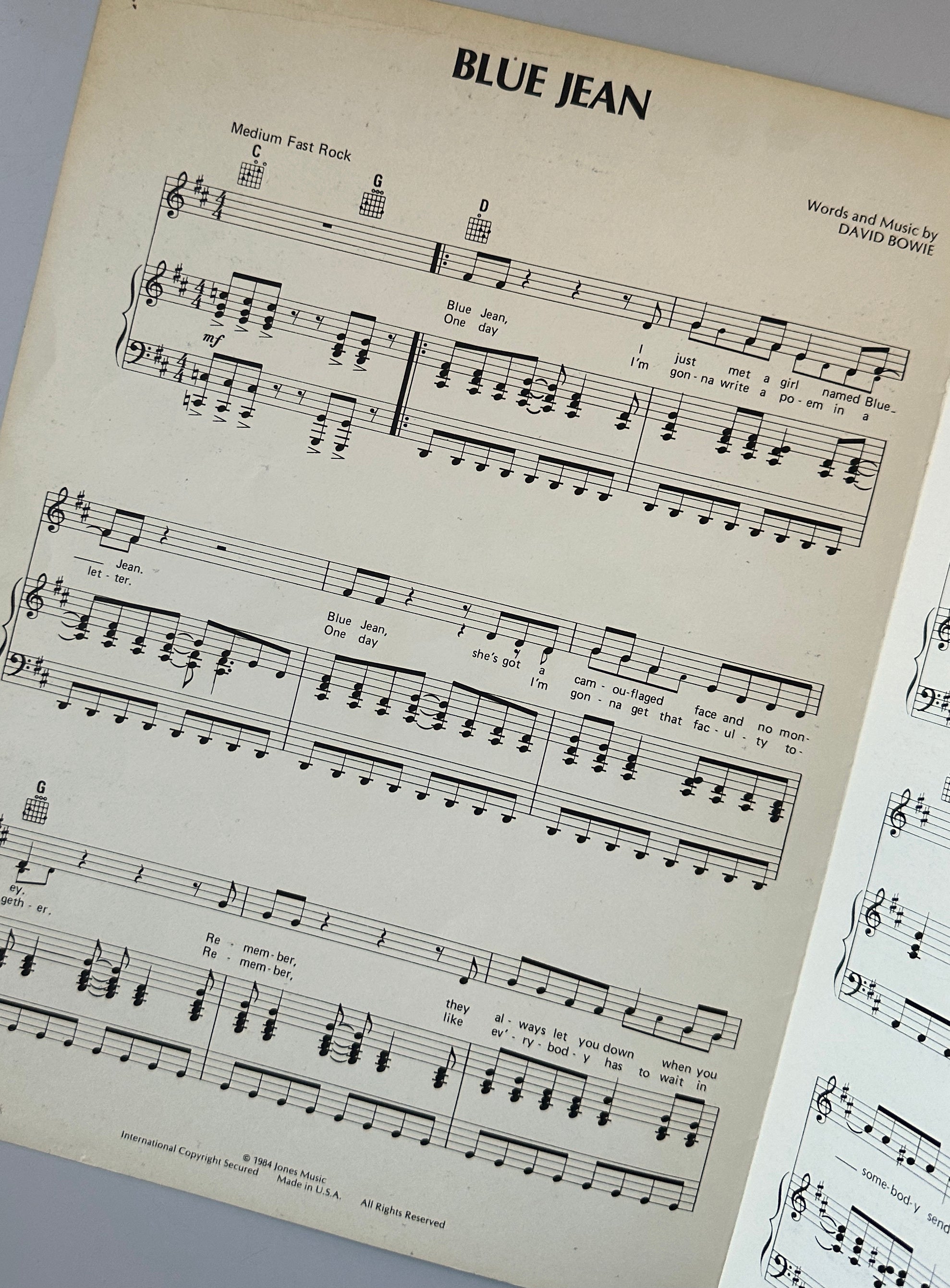 David Bowie Blue Jean Song Sheet