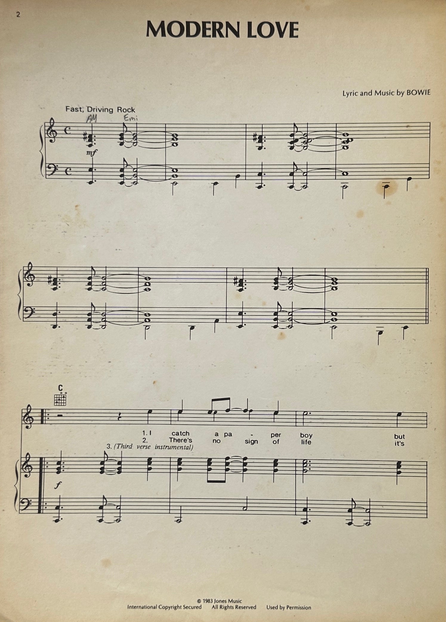 David Bowie Modern Love Song Sheet