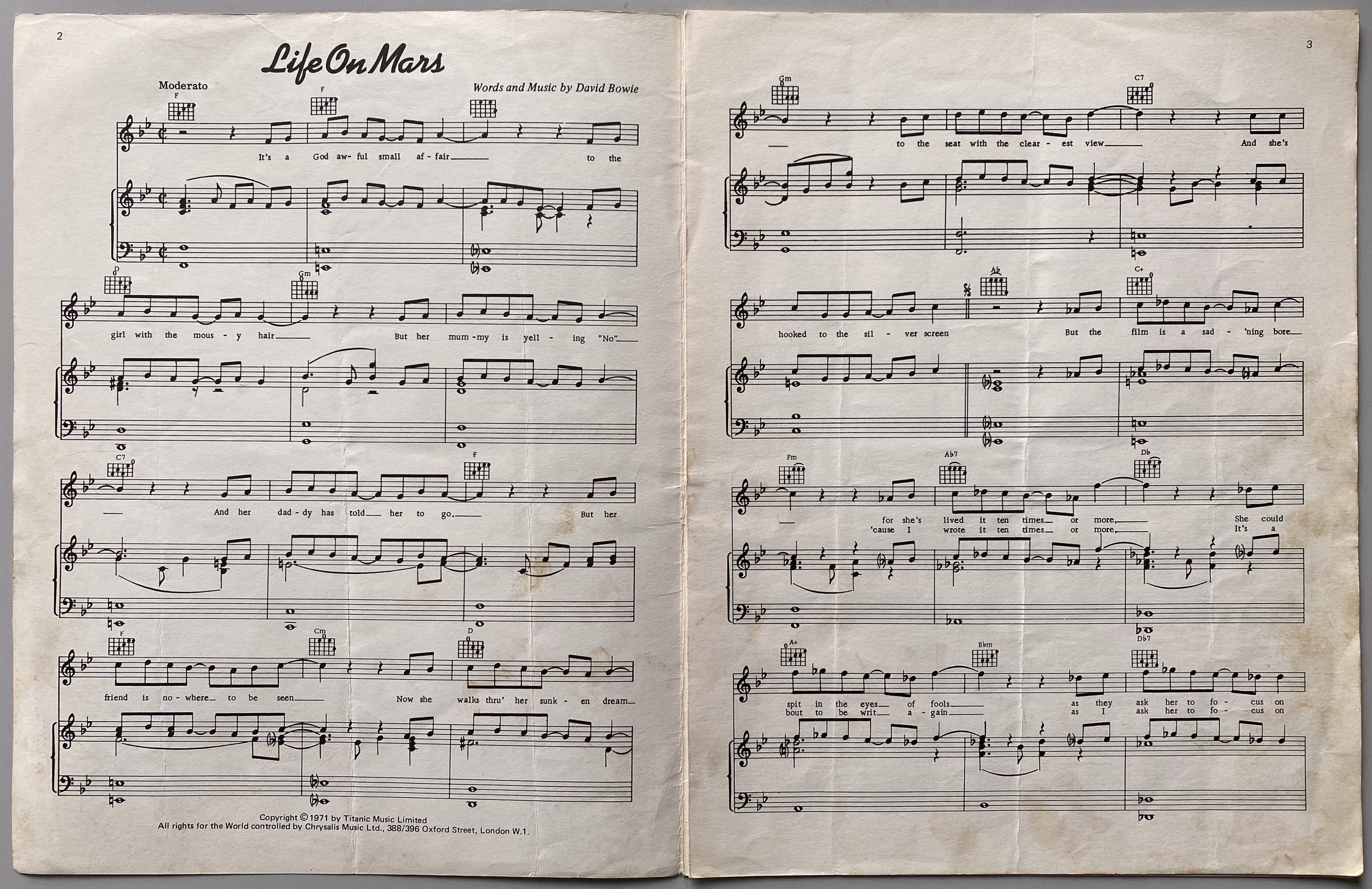 David Bowie Life On Mars Song Sheet